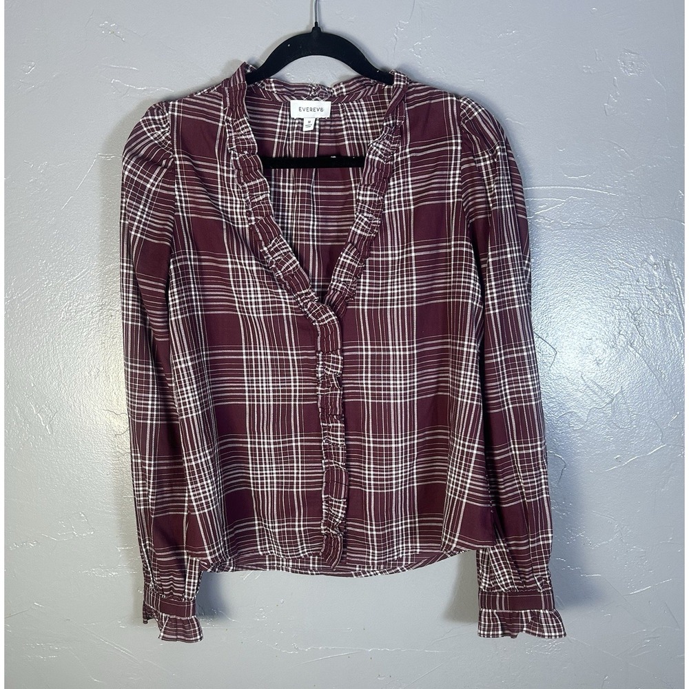 Evereve maroon & white plaid ruffle blouse button-front Size M Prairie Cottage